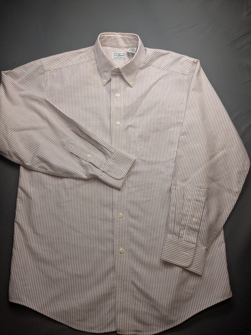 L.L. Bean Men's White Button-Down Shirt with Brown Pinstripes